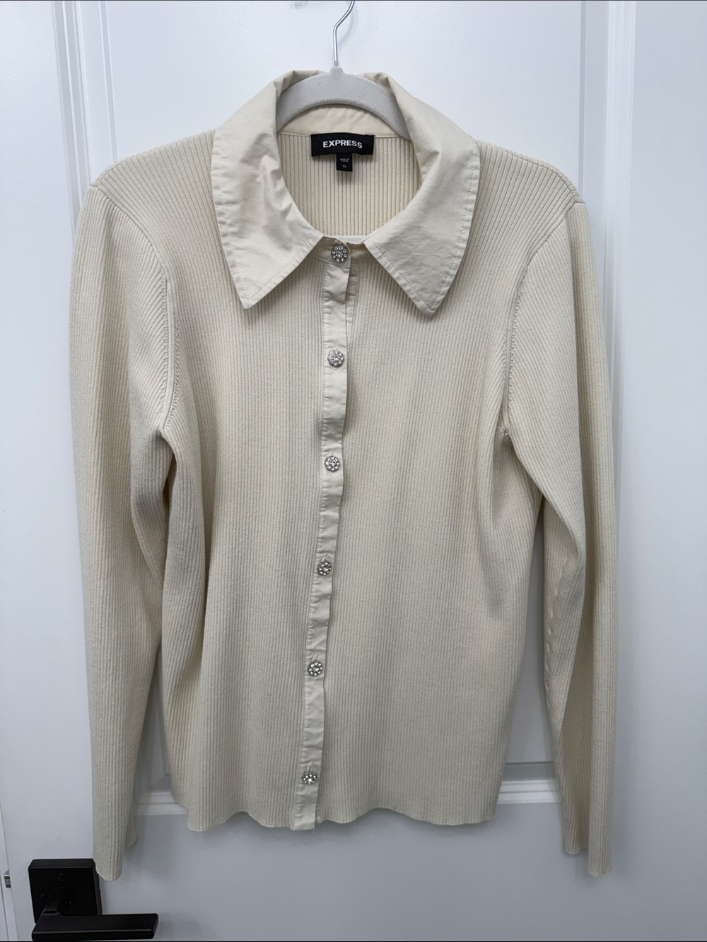 Express Cream Ribbed Collared Sweater with rhinestone flower buttons. Size XL